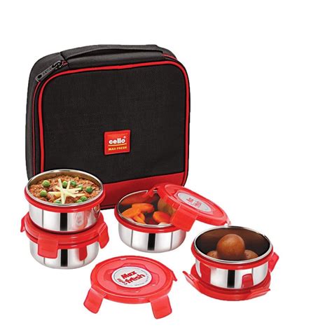 cello max fresh supremo stainless steel lunch box set|Cello Max Fresh All in One Lunch Box Set with Fabric Bag.